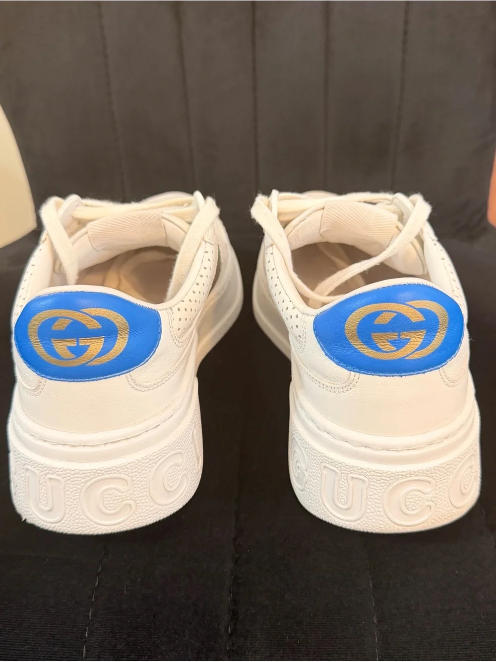 Gucci White Women Sneakers with Green & Red Stripe and Blue Heel Accent